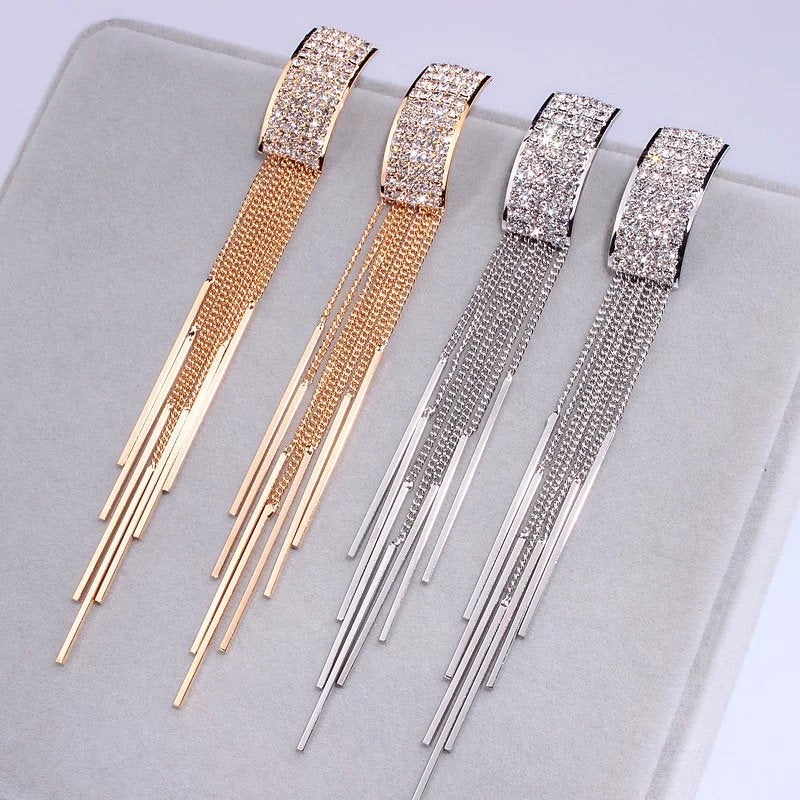 Crystal Rectangle Tassel Dangle Earring