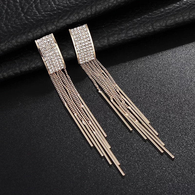 Crystal Rectangle Tassel Dangle Earring