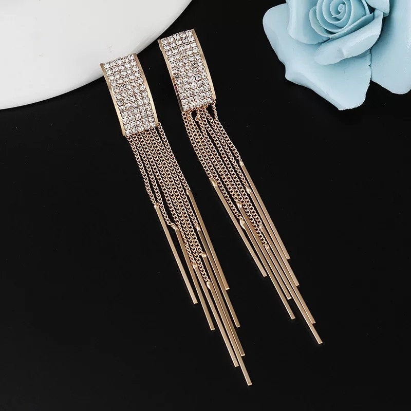Crystal Rectangle Tassel Dangle Earring