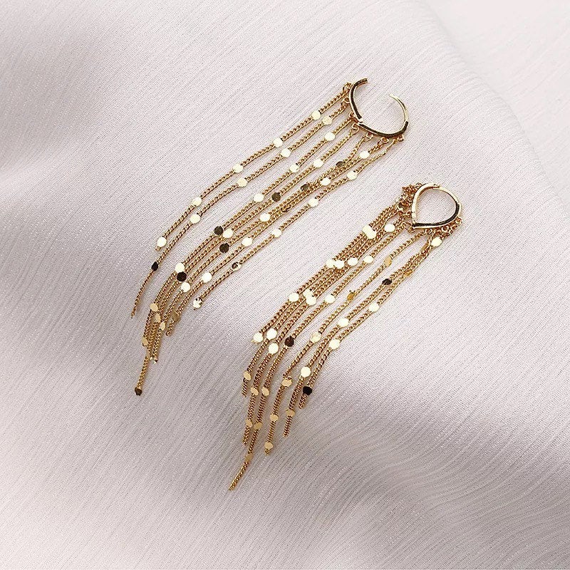 Long Tassel Tiny Coin Hoop Earring
