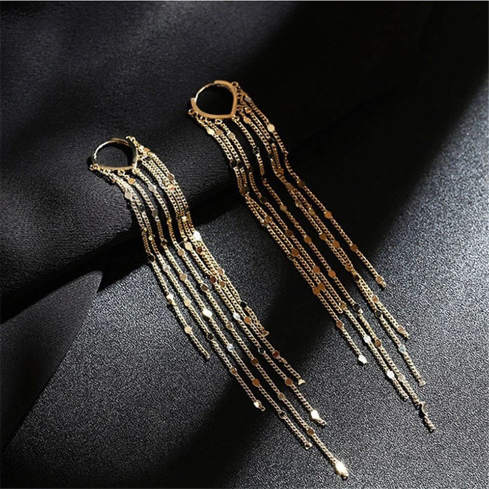 Long Tassel Tiny Coin Hoop Earring