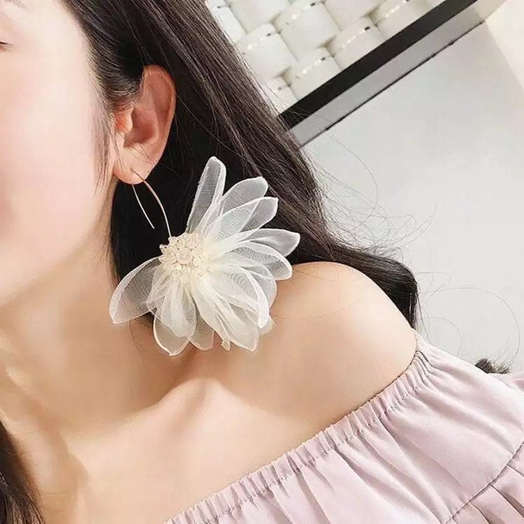 Large Beaded Flower Hook Earring