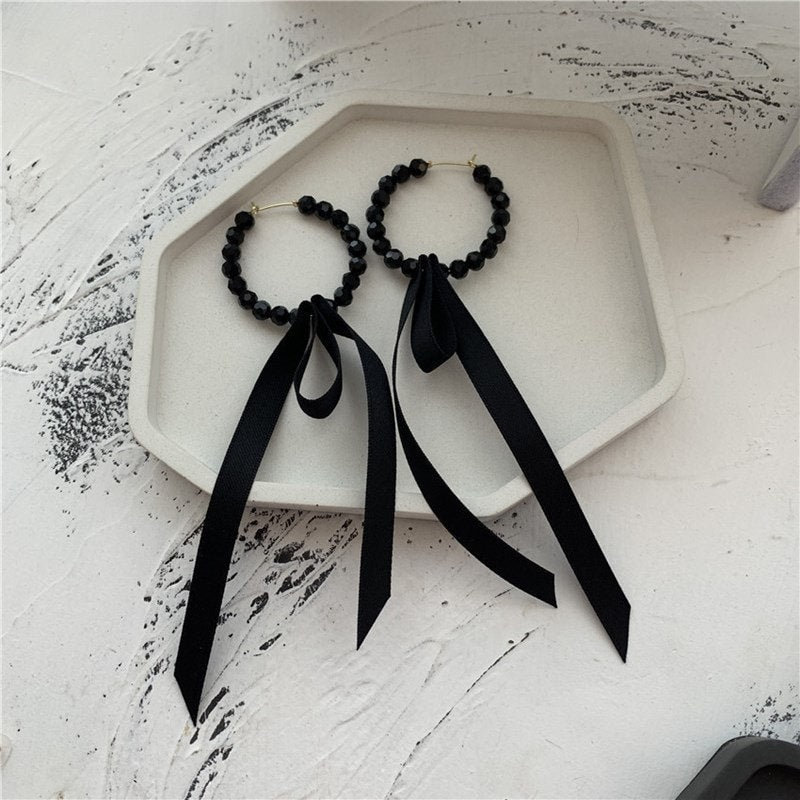Black Beaded Bow Hoop Earring