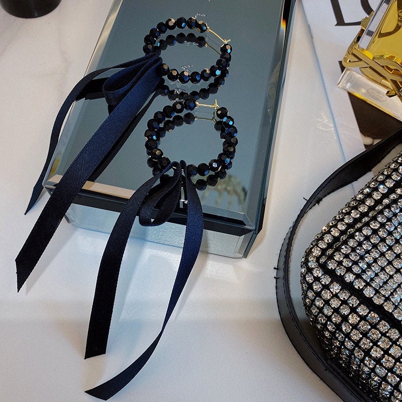 Black Beaded Bow Hoop Earring