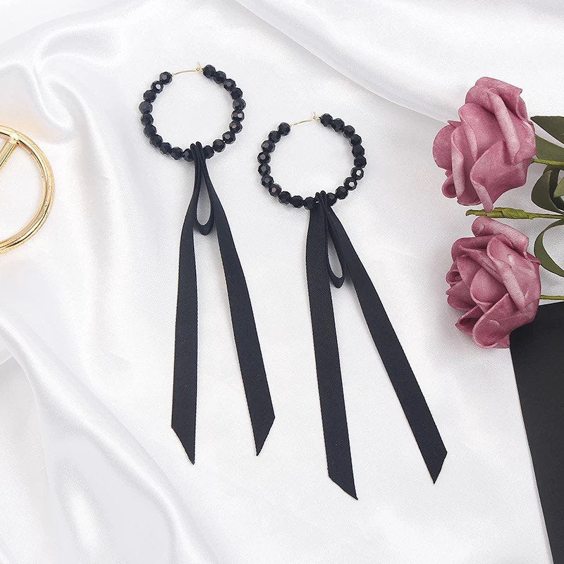 Black Beaded Bow Hoop Earring