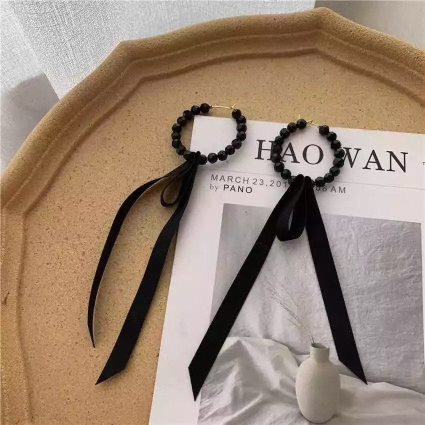 Black Beaded Bow Hoop Earring