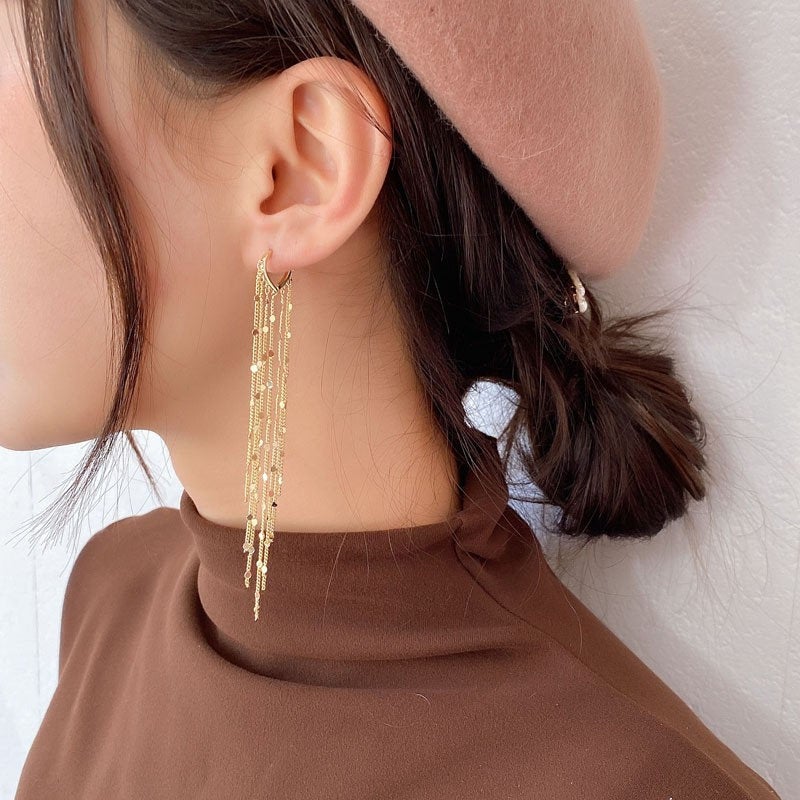 Long Tassel Tiny Coin Hoop Earring