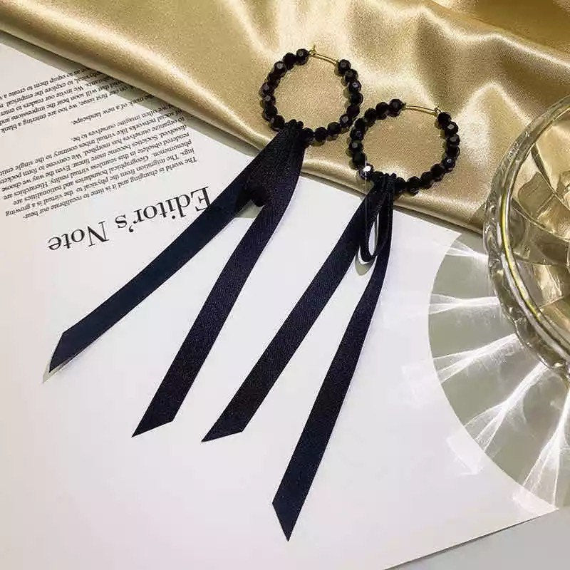 Black Beaded Bow Hoop Earring