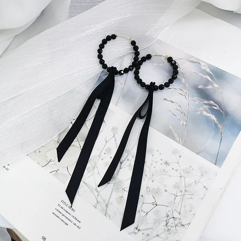 Black Beaded Bow Hoop Earring