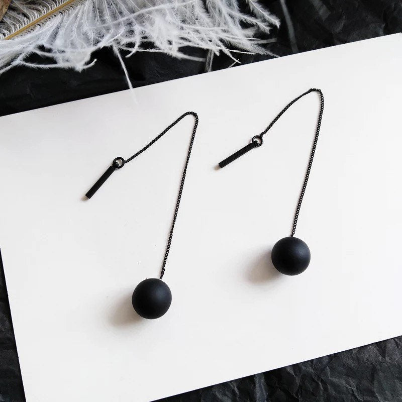 Long Tassel Black Ball Dangle Earring