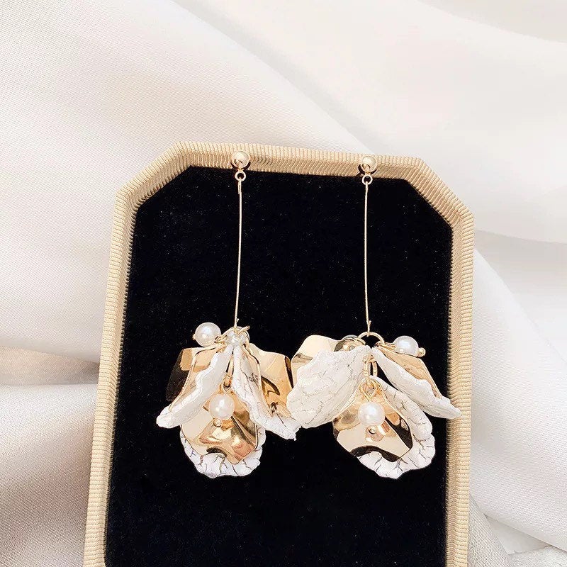 White Gold Petal Long Flower Earring
