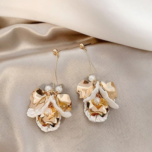 White Gold Petal Long Flower Earring
