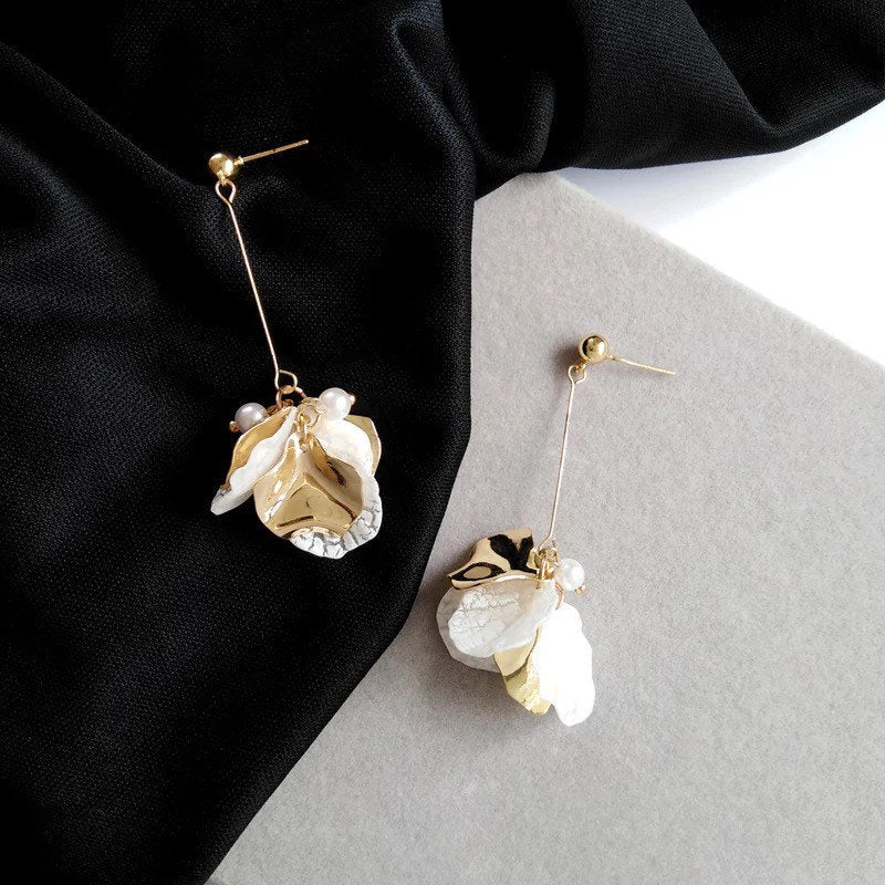 White Gold Petal Long Flower Earring