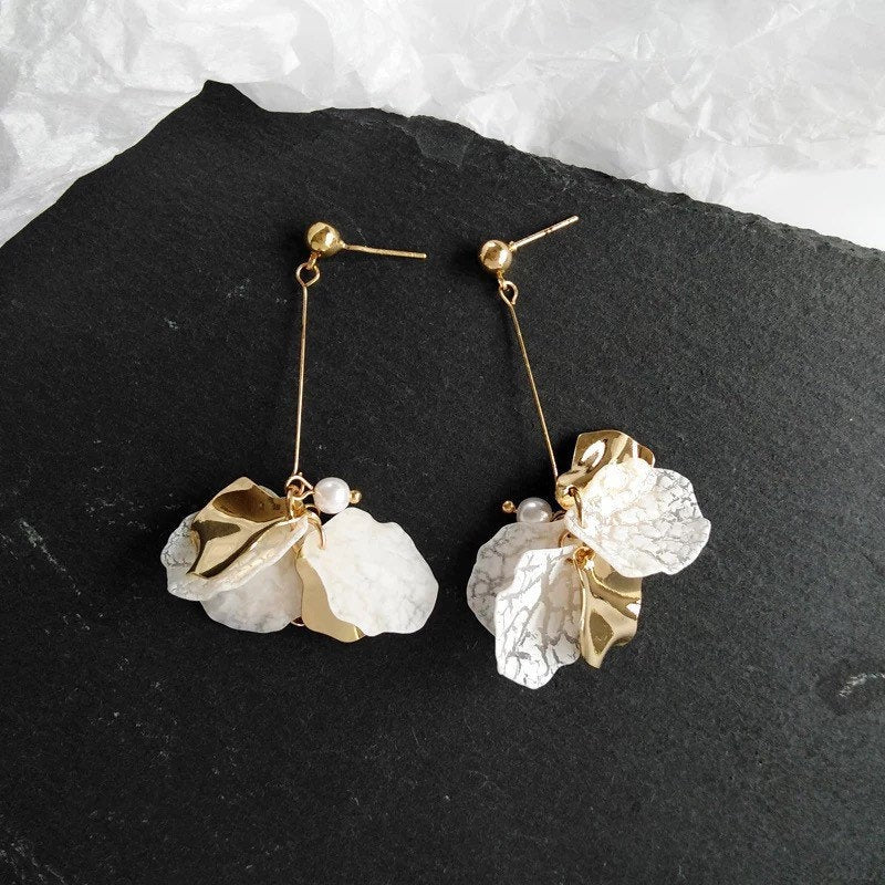 White Gold Petal Long Flower Earring