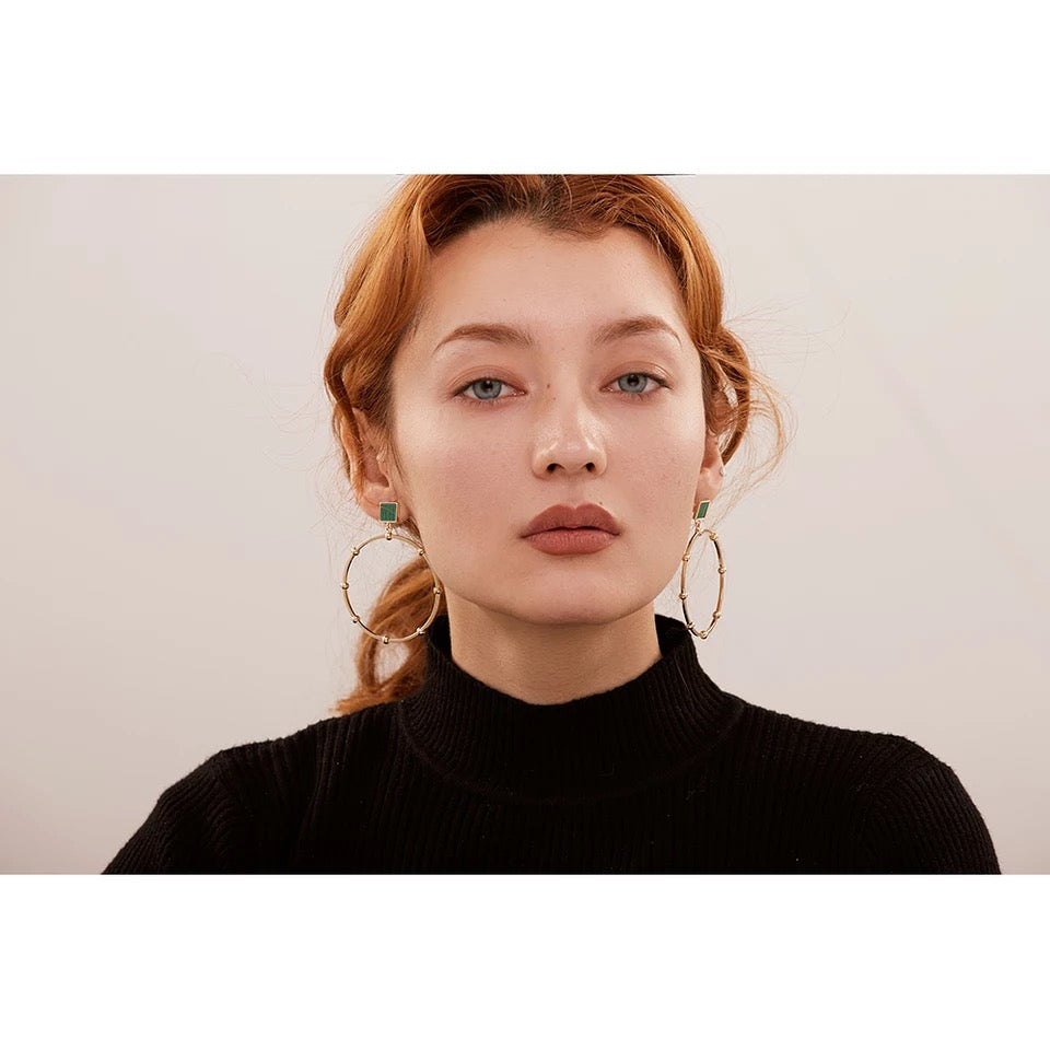 Gold Beaded Dangle Hoop Earring