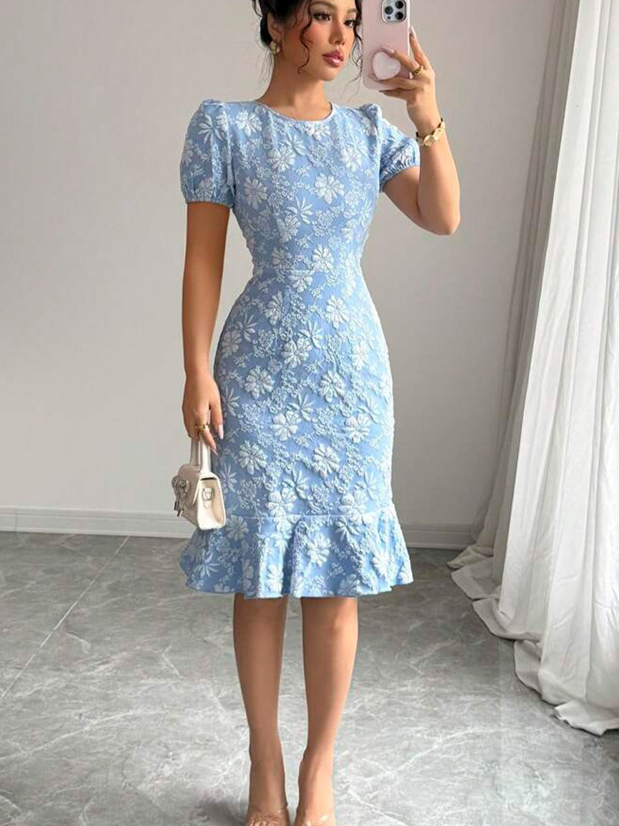 Textured Floral Puff Sleeve Slim Midi Dress