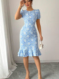 Textured Floral Puff Sleeve Slim Midi Dress