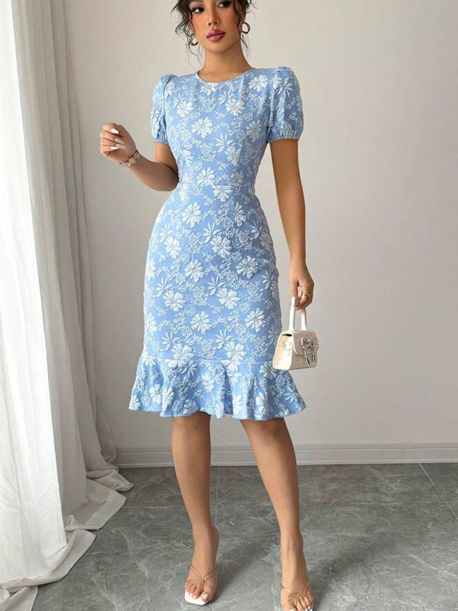Textured Floral Puff Sleeve Slim Midi Dress