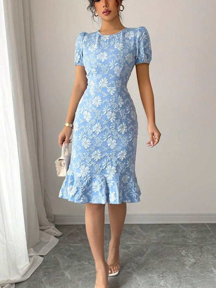 Textured Floral Puff Sleeve Slim Midi Dress