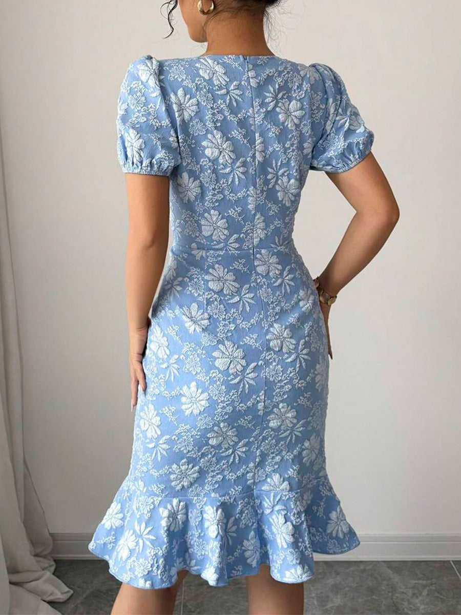 Textured Floral Puff Sleeve Slim Midi Dress