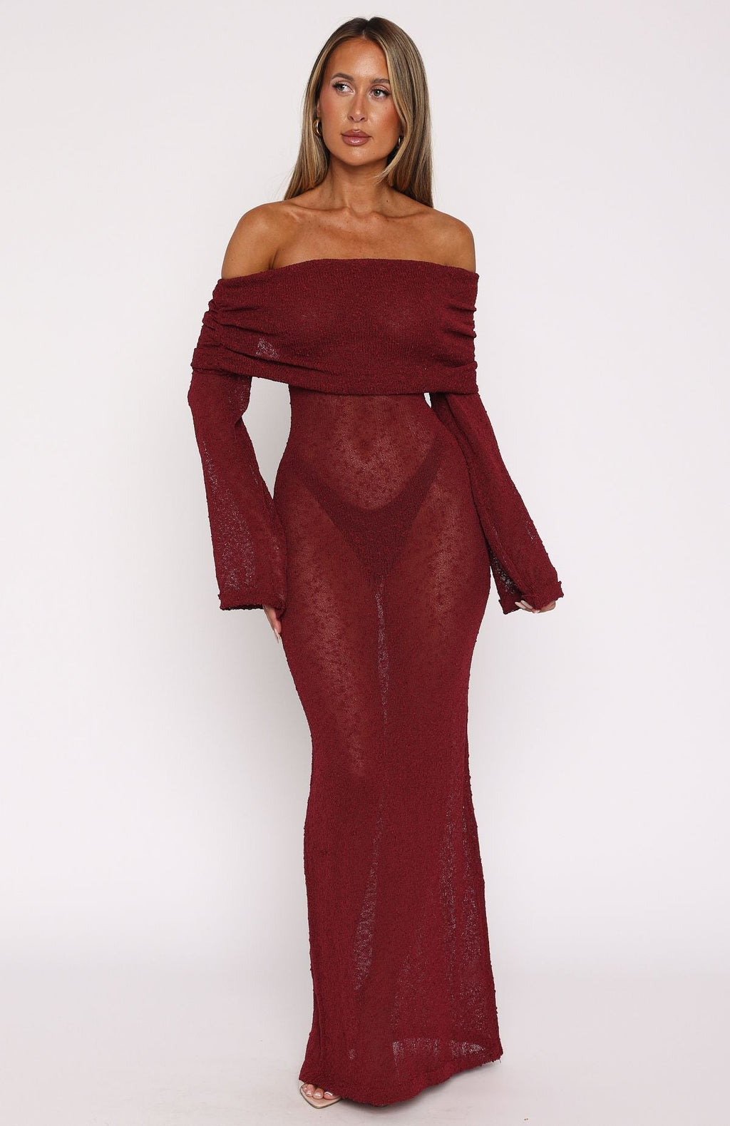 Burgundy Boucle Long Sleeve Maxi Dress