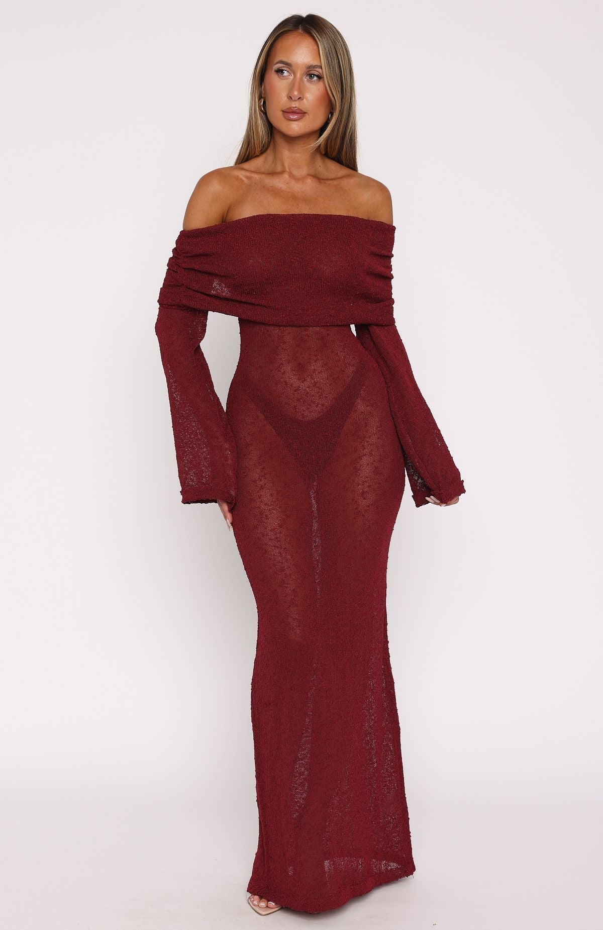 Burgundy Boucle Long Sleeve Maxi Dress
