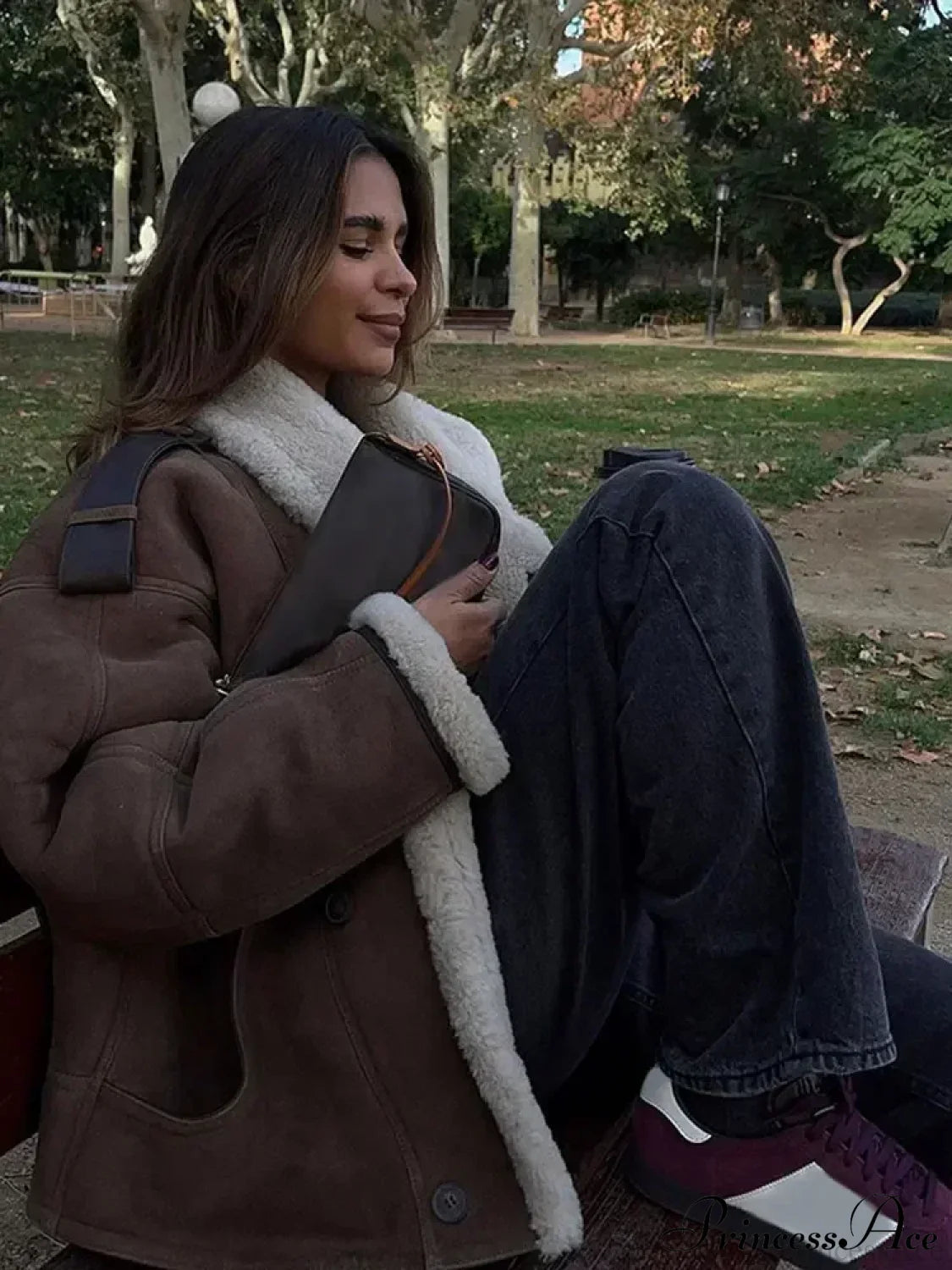 Beige Single Button Leather Coat