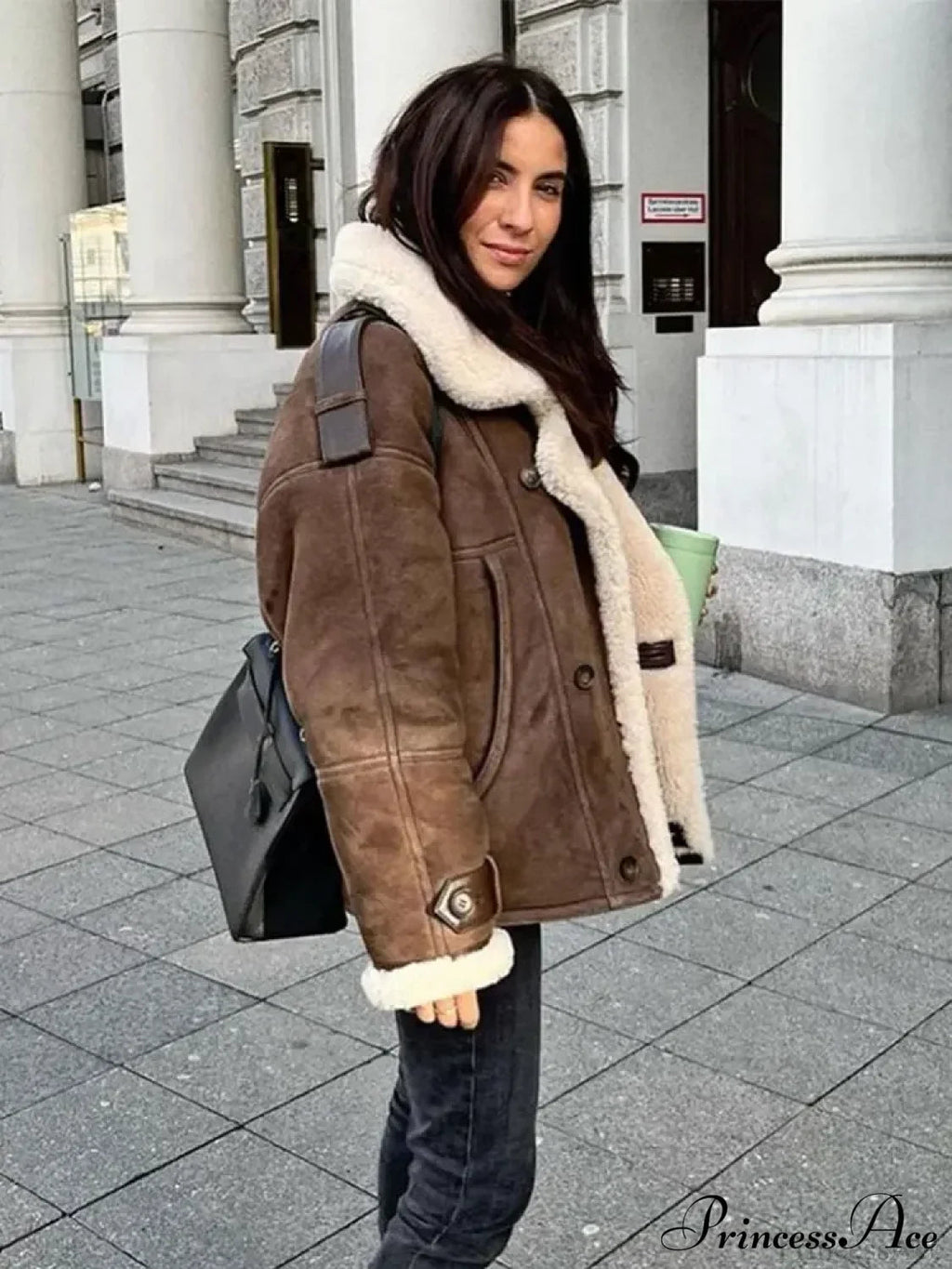 Beige Single Button Leather Coat