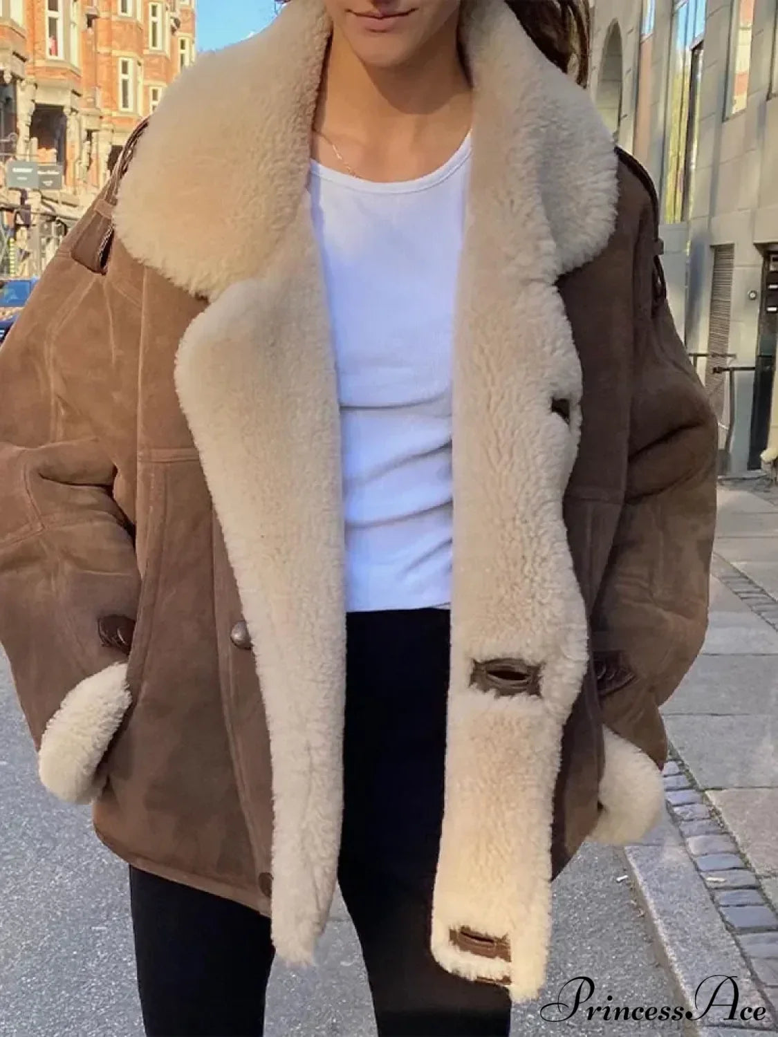 Beige Single Button Leather Coat