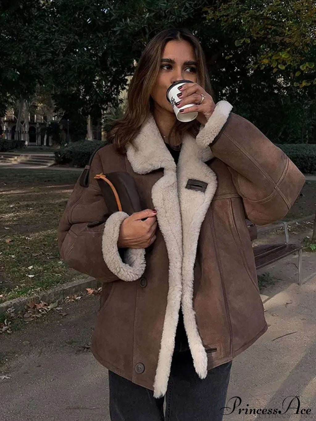 Beige Single Button Leather Coat