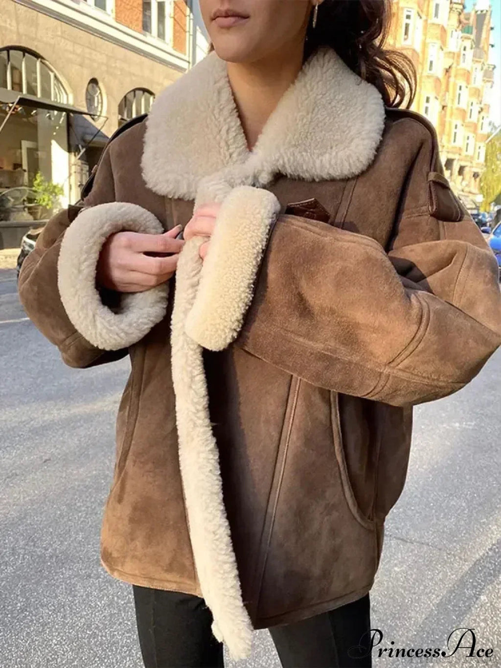 Beige Single Button Leather Coat