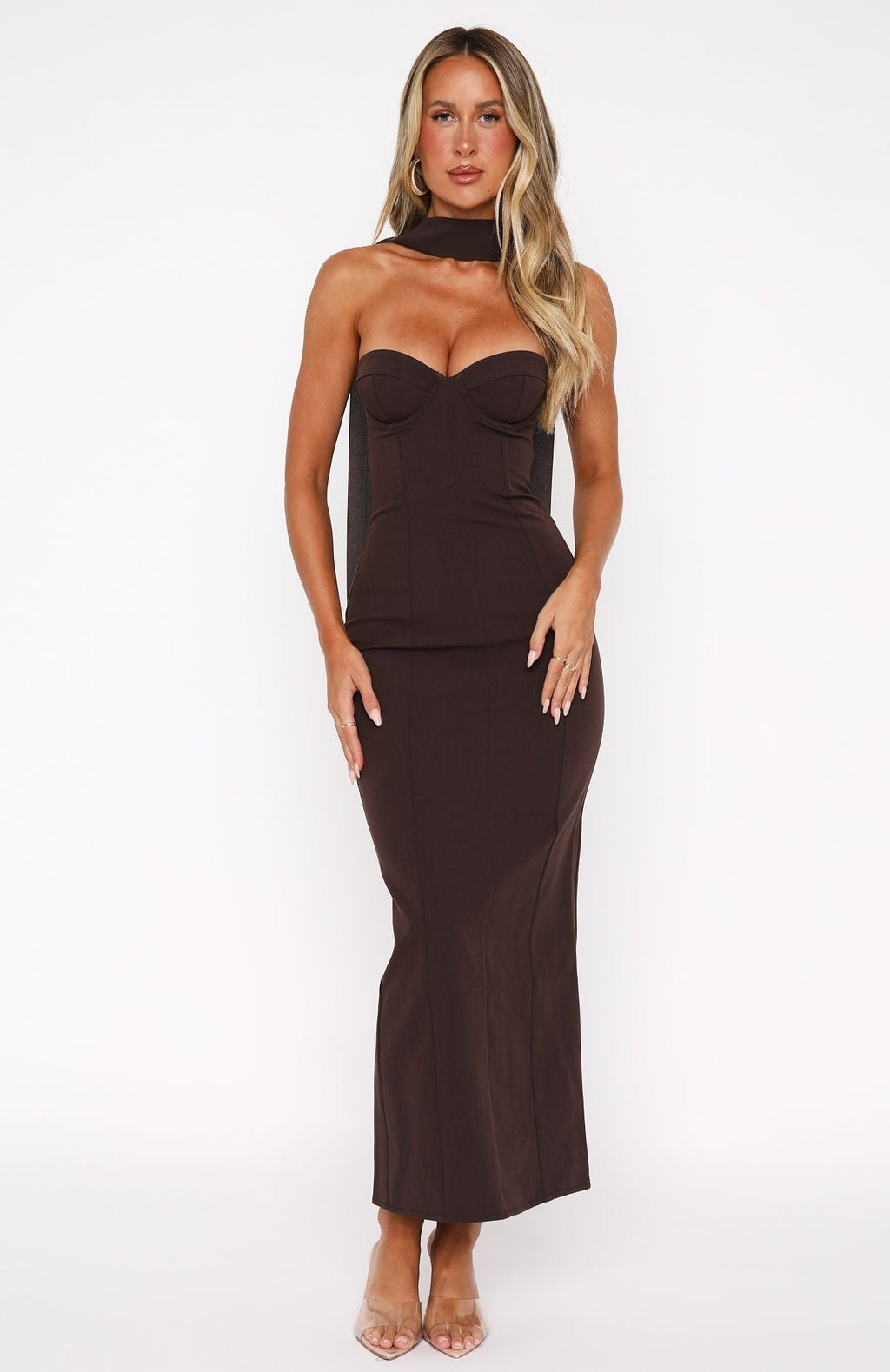 Chocolate Strapless Raining Hearts Maxi Dress