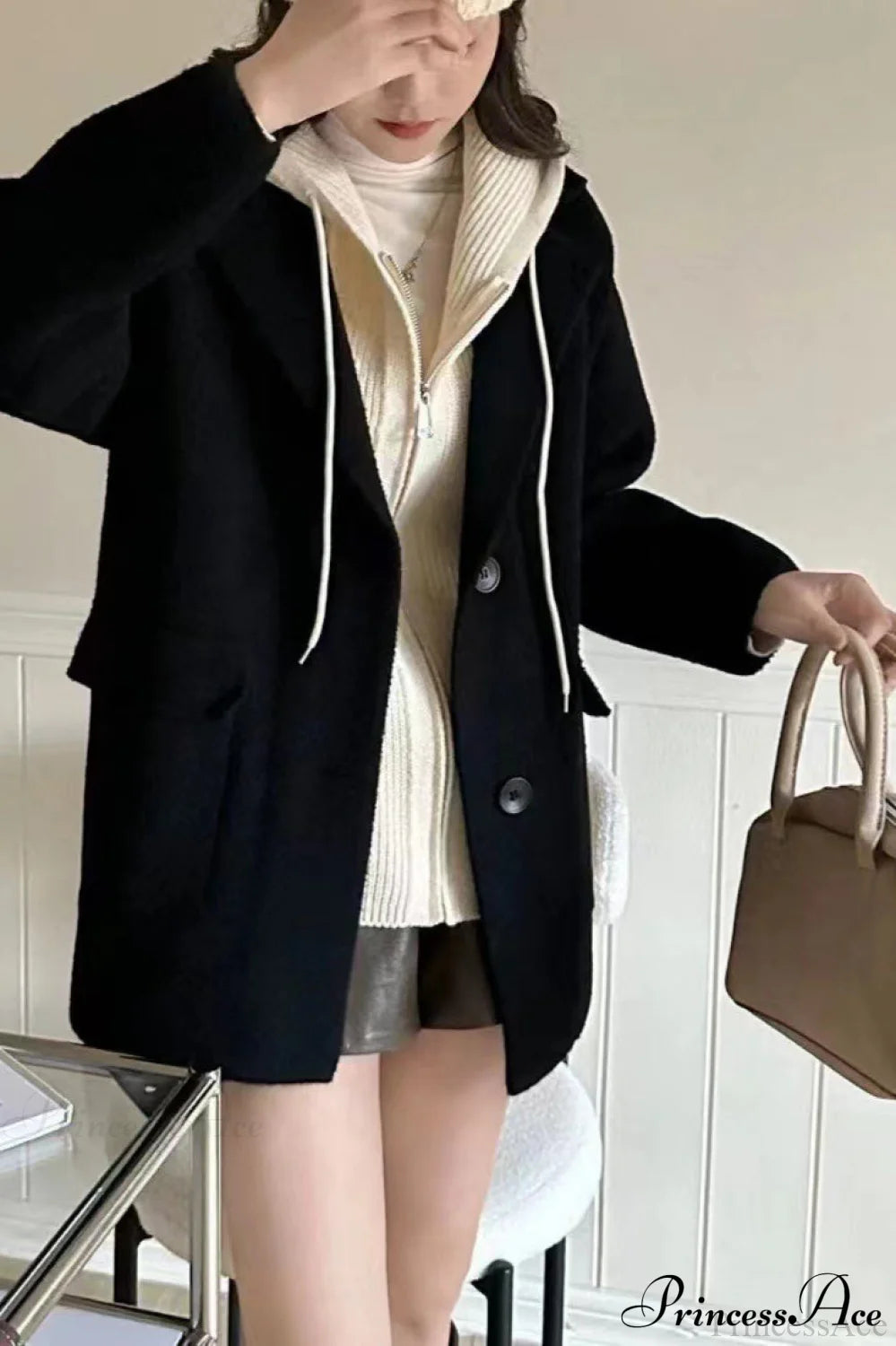 Layered Wool Blend Loose Slim Knit Cardigan Coat