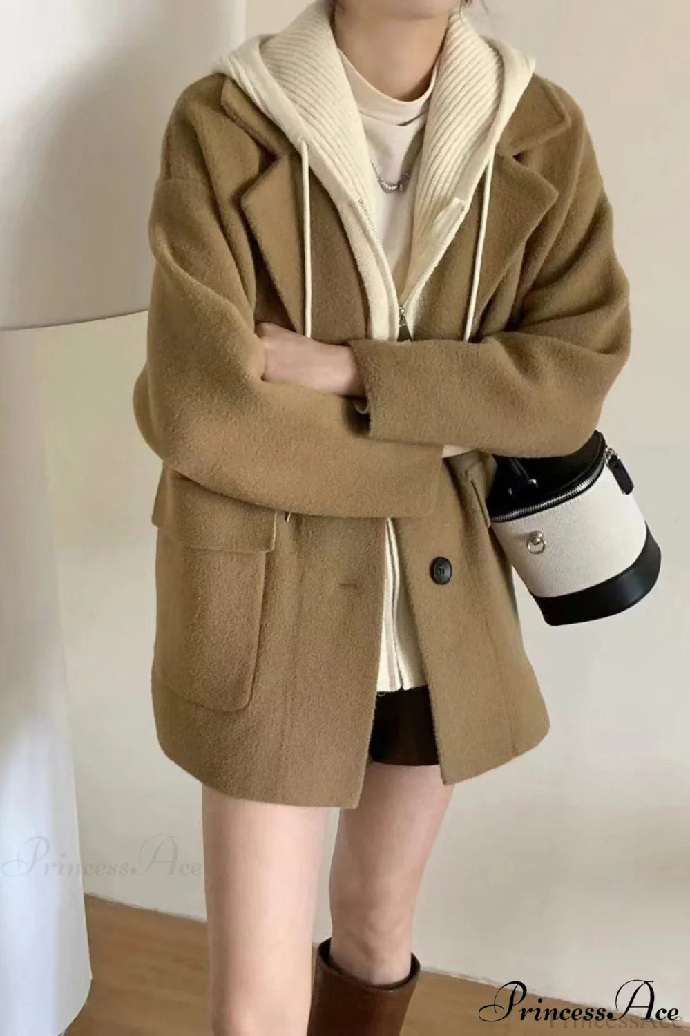 Layered Wool Blend Loose Slim Knit Cardigan Coat
