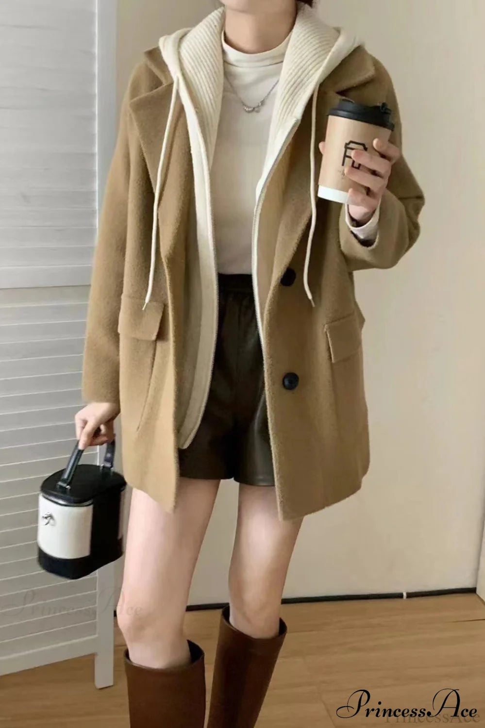 Layered Wool Blend Loose Slim Knit Cardigan Coat