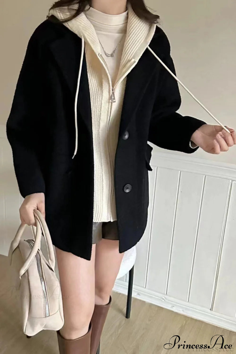 Layered Wool Blend Loose Slim Knit Cardigan Coat