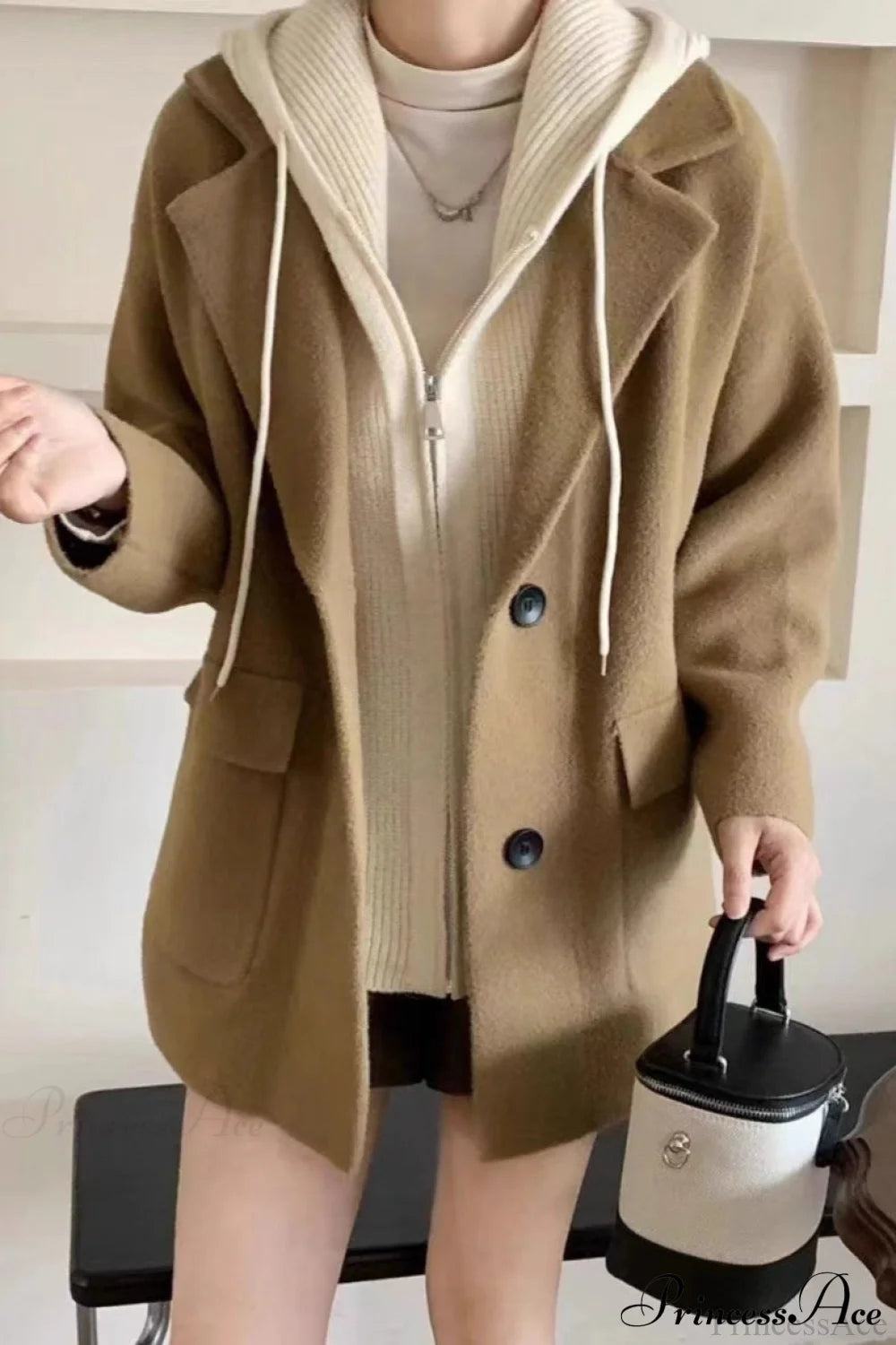 Layered Wool Blend Loose Slim Knit Cardigan Coat