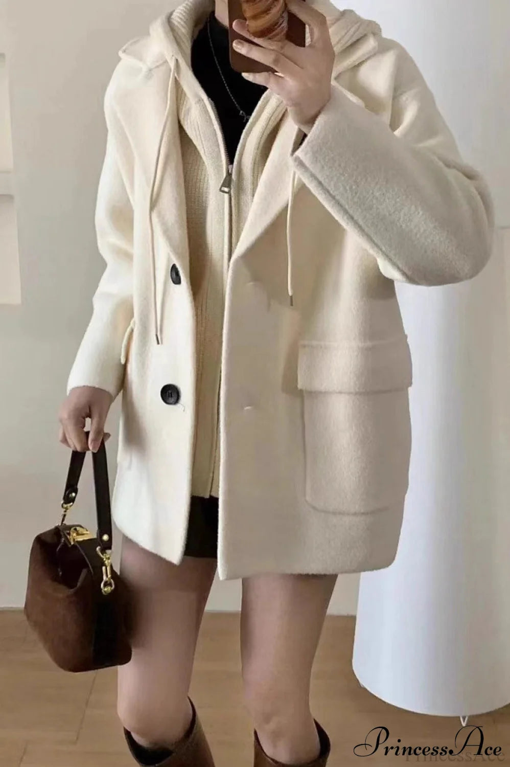 Layered Wool Blend Loose Slim Knit Cardigan Coat