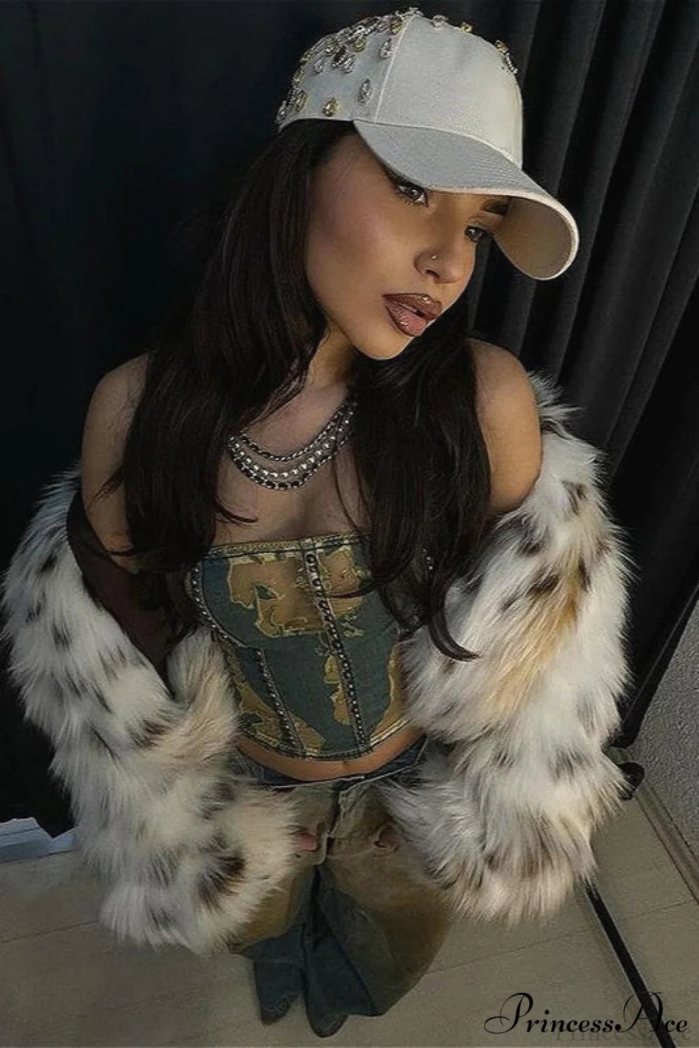 Leopard Print Faux Fur Long Sleeve Warm Coat