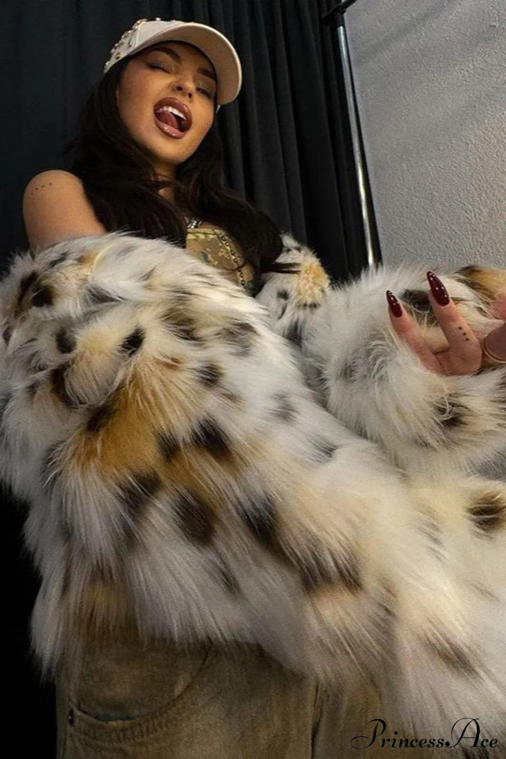 Leopard Print Faux Fur Long Sleeve Warm Coat