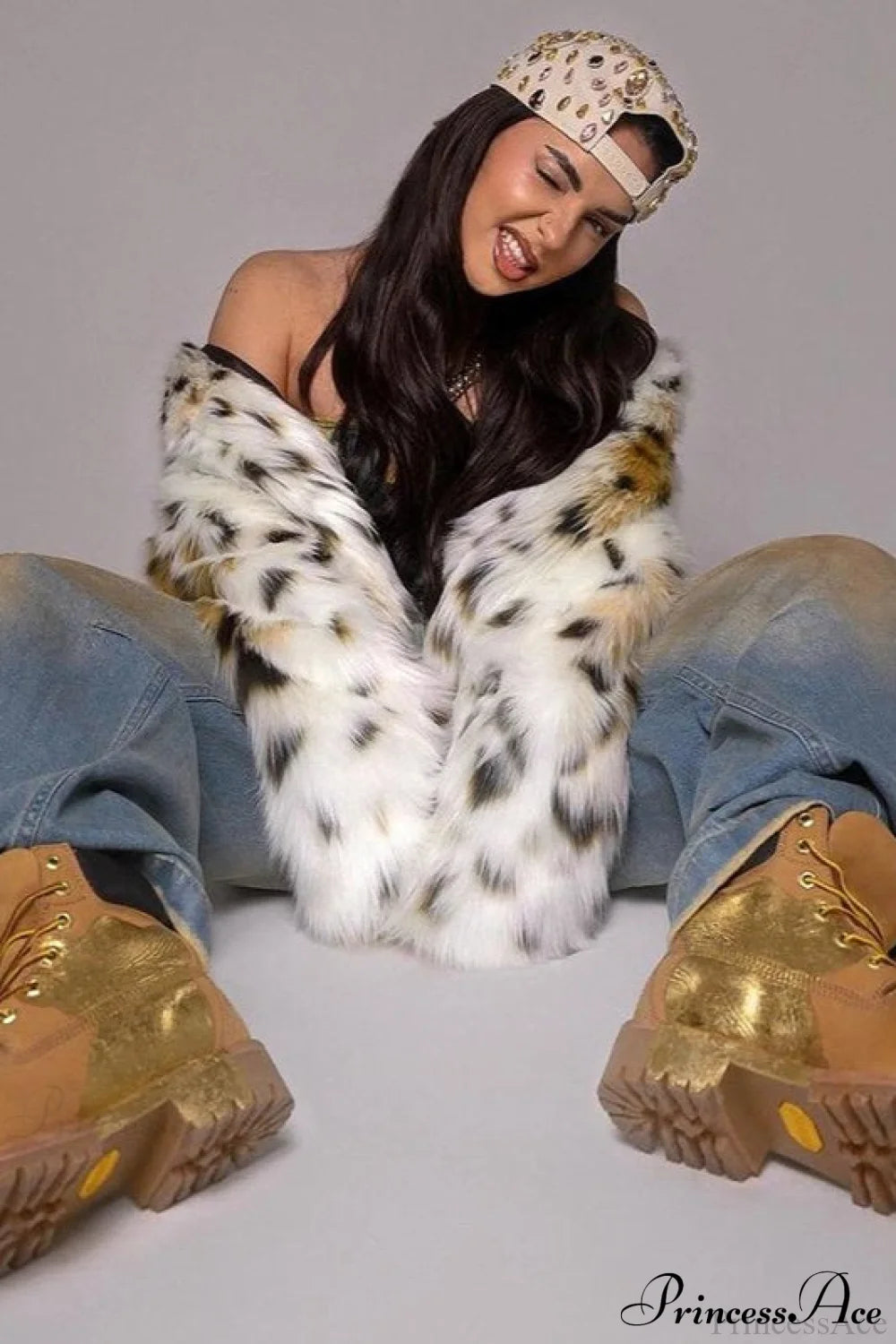 Leopard Print Faux Fur Long Sleeve Warm Coat