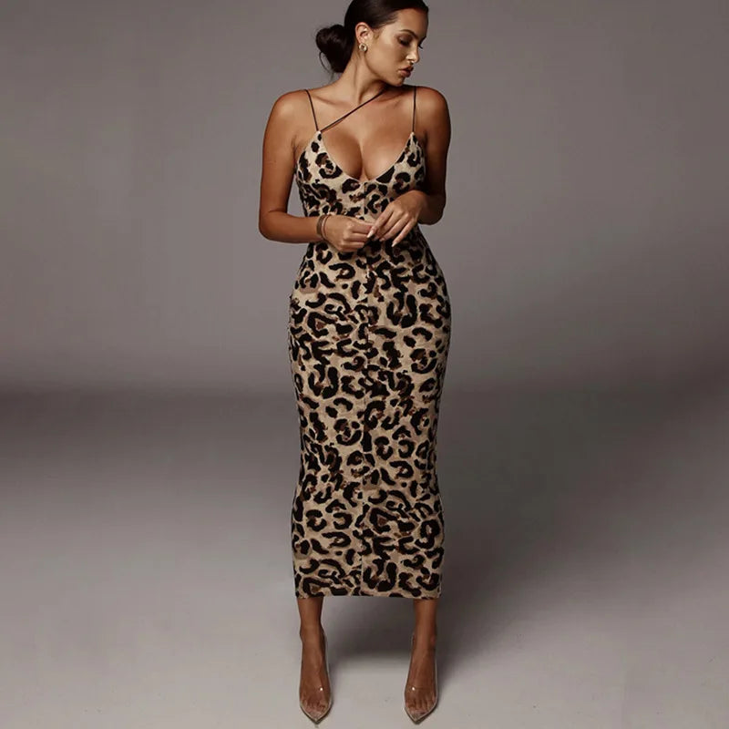 Leopard V Neck Sleeveless Street Party Midi Dress