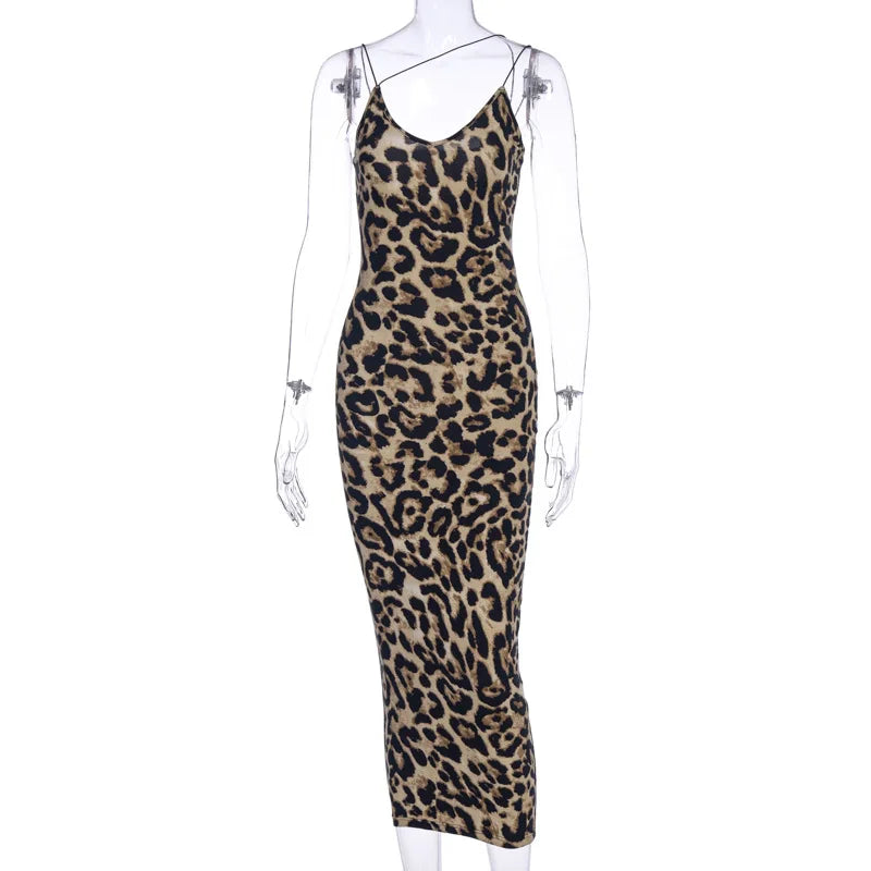 Leopard V Neck Sleeveless Street Party Midi Dress