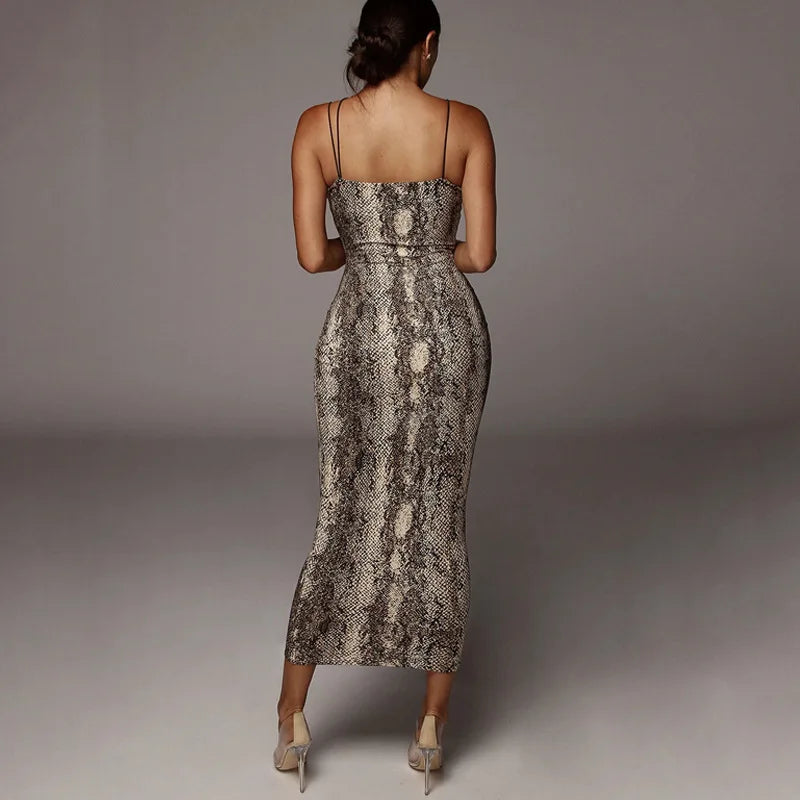Leopard V Neck Sleeveless Street Party Midi Dress