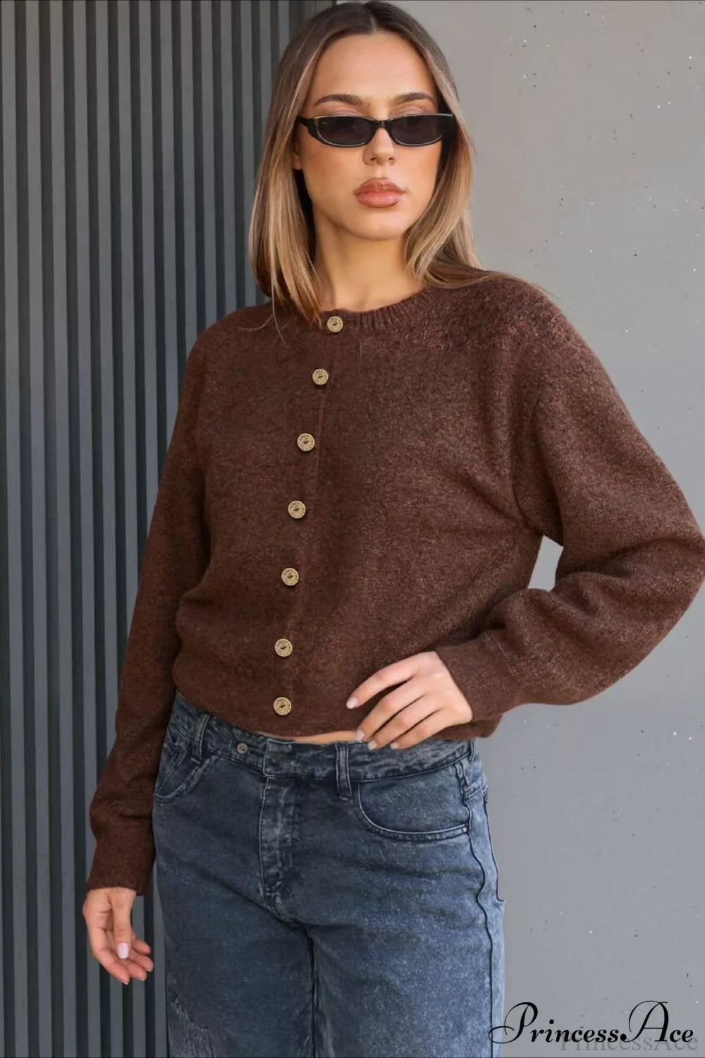 Long-Sleeve Button Crew-Neck Knit Cardigan