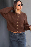 Long-Sleeve Button Crew-Neck Knit Cardigan