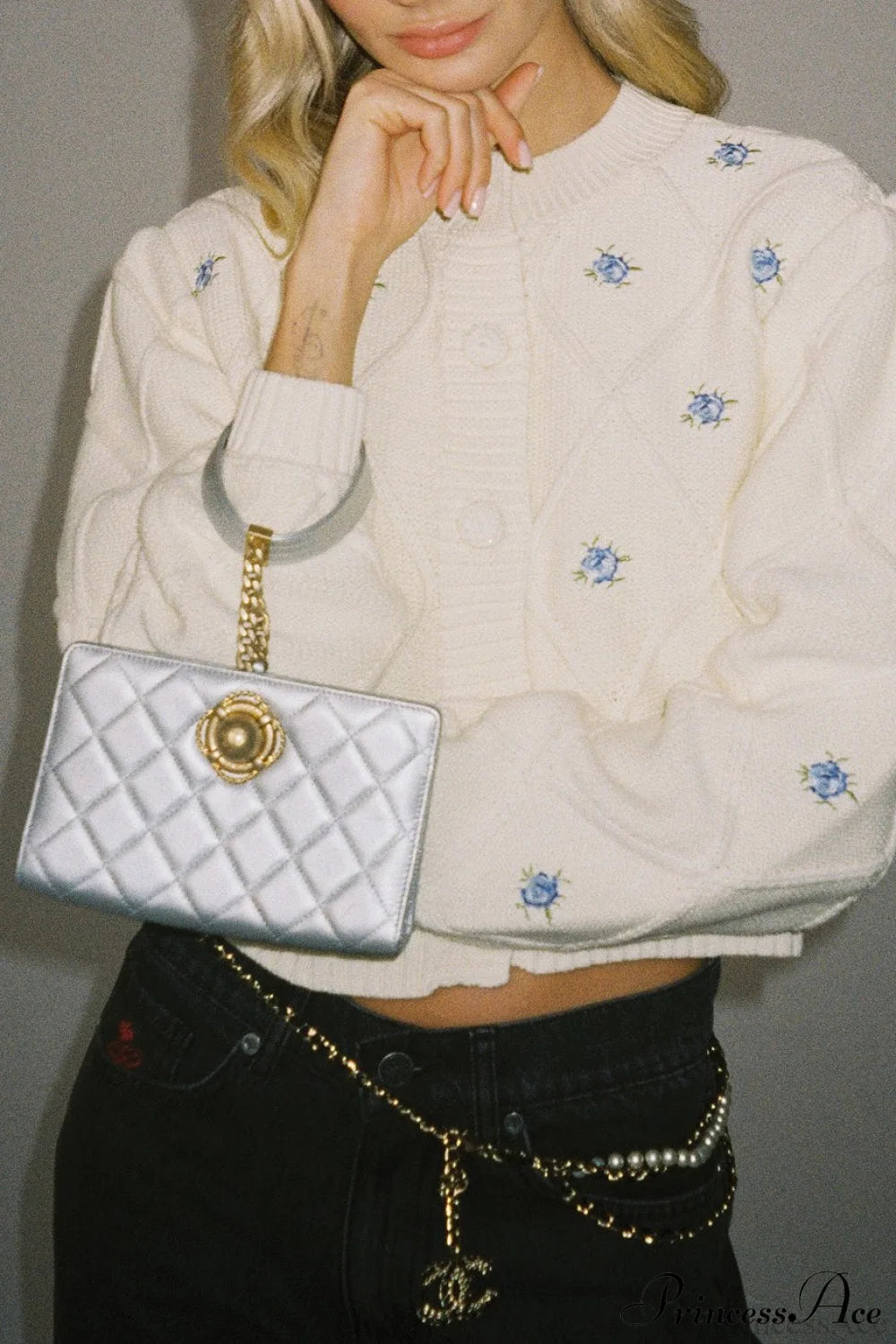 Crew-Neck Floral Diamond-Button Knit Cardigan
