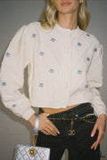 Crew-Neck Floral Diamond-Button Knit Cardigan