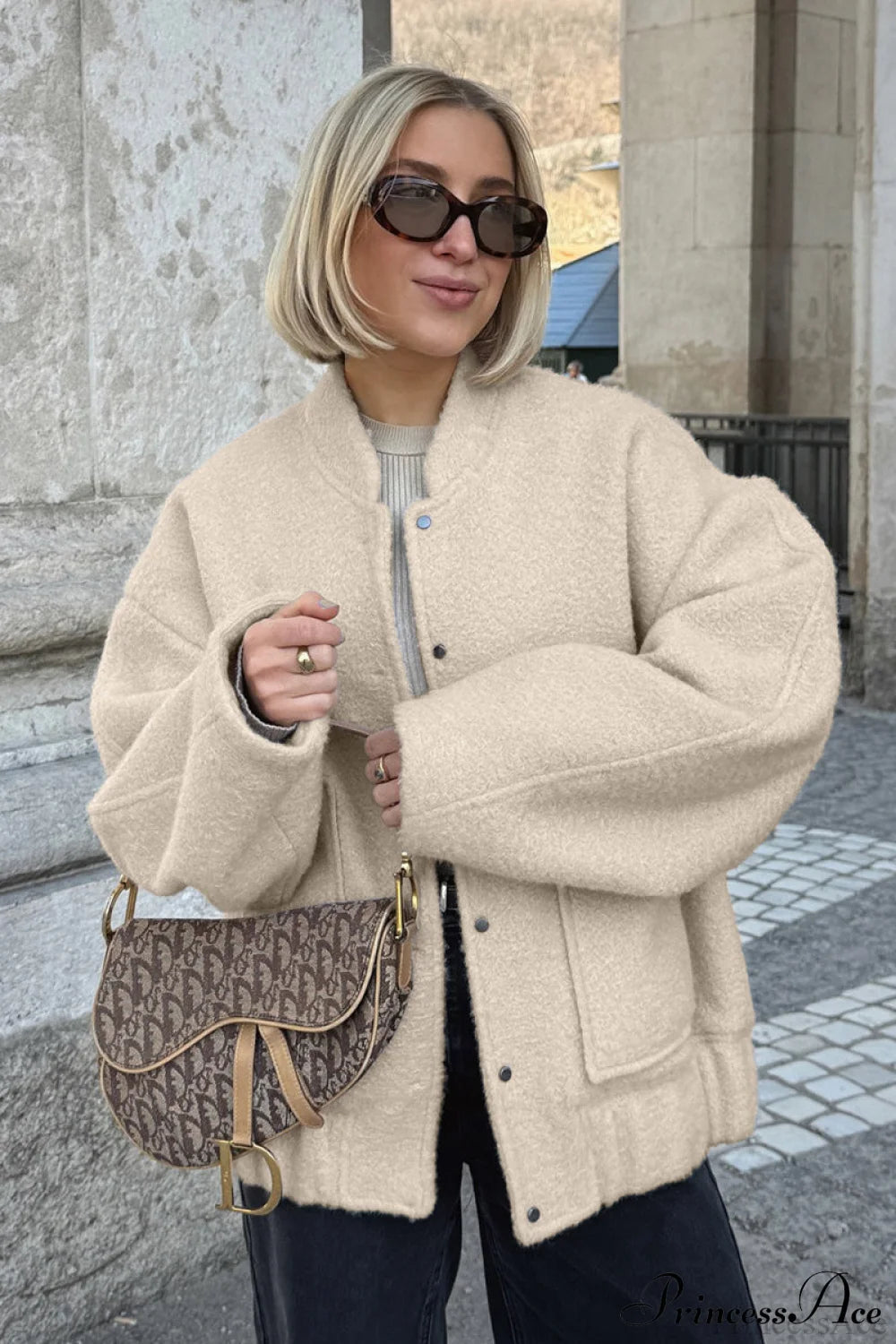 Loose Stand Collar Textured Wool Casual Coat