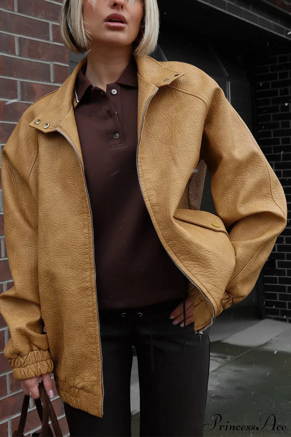 Loose Stand Collar Zipper Textured PU Coat